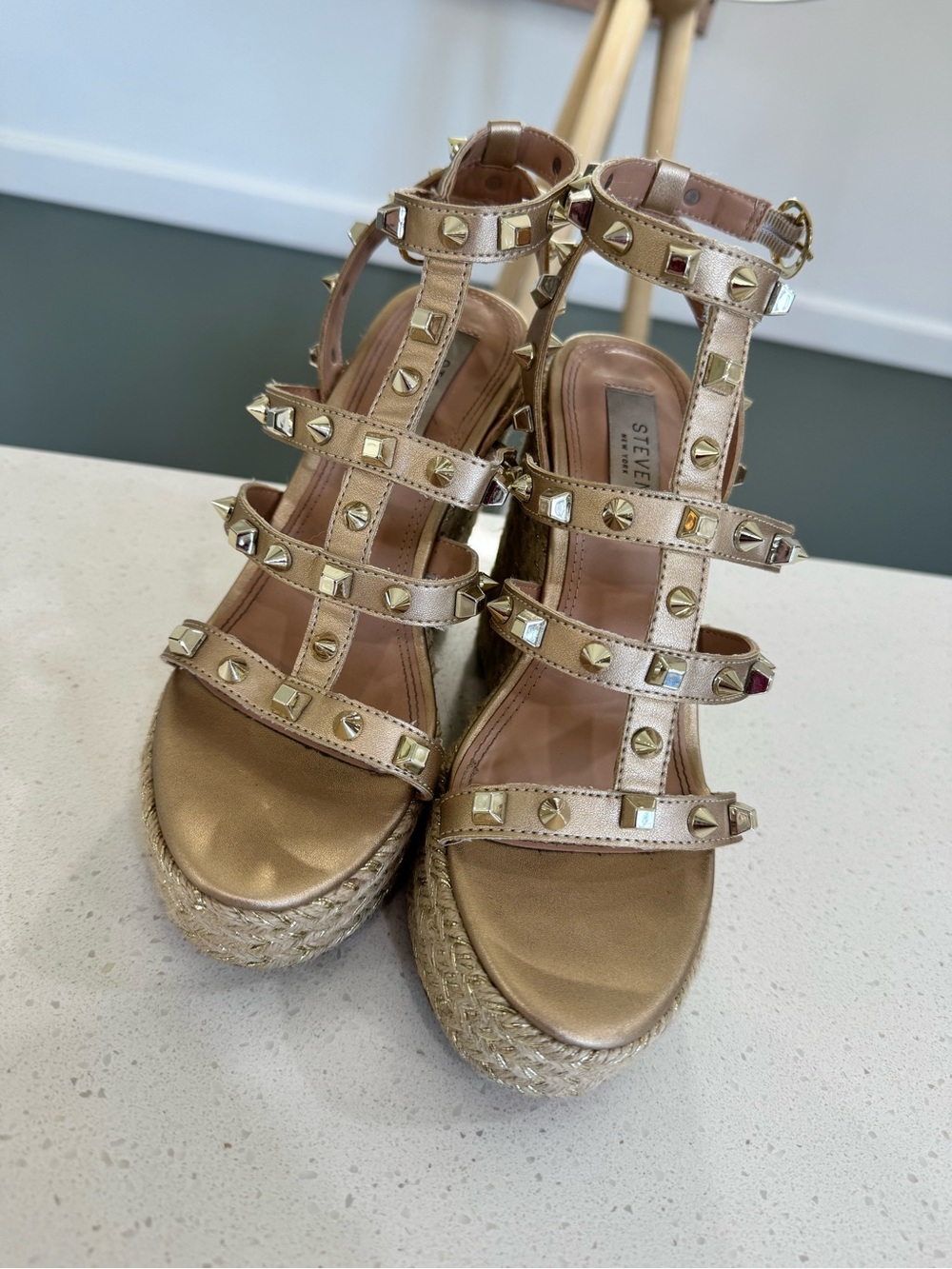 Steve Madden Metallic Gold Studded Espadrille Wedge Sandals